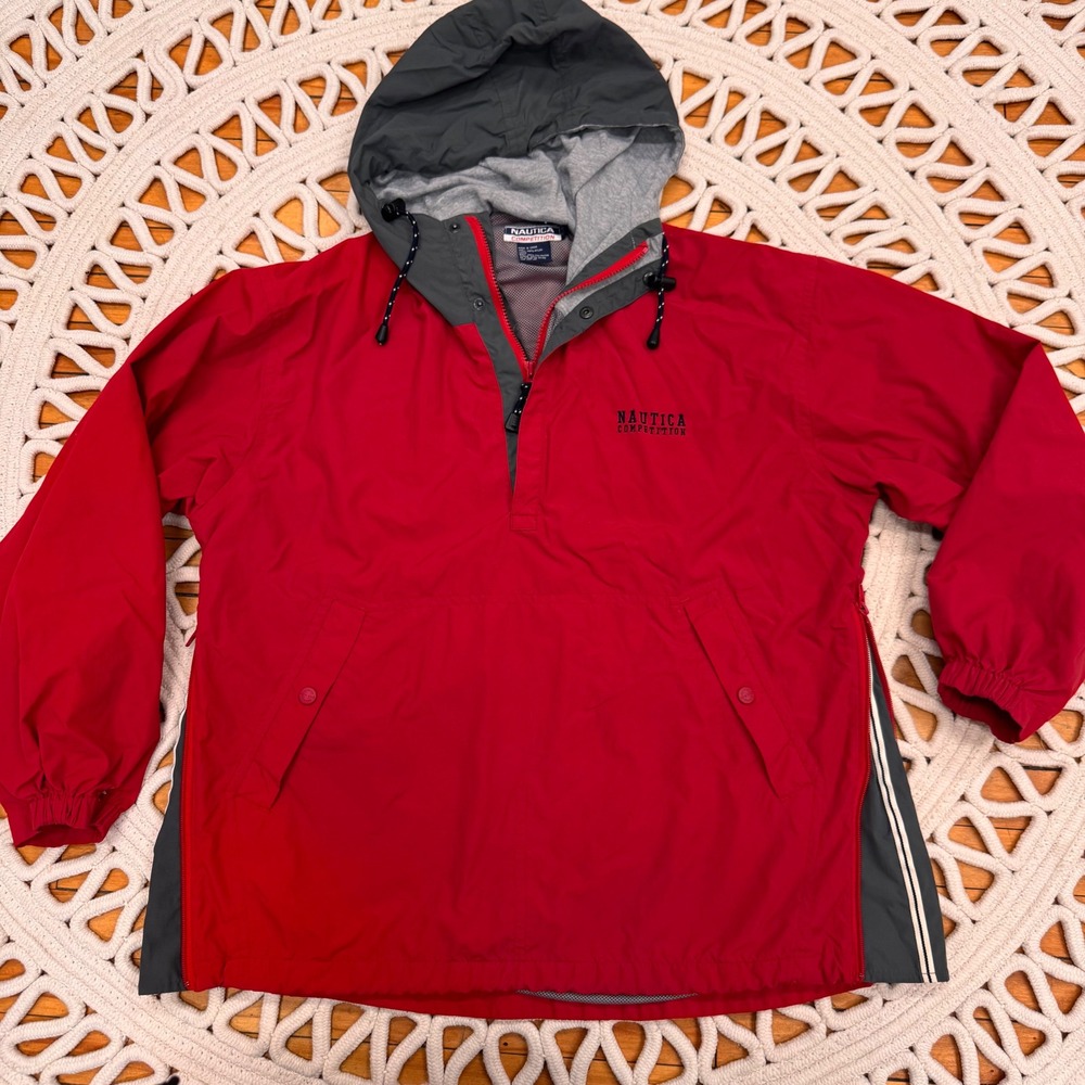 Y2K Nautica Competition Anorak Jacket Red‎ Grey Hooded Pullover Mens Size S